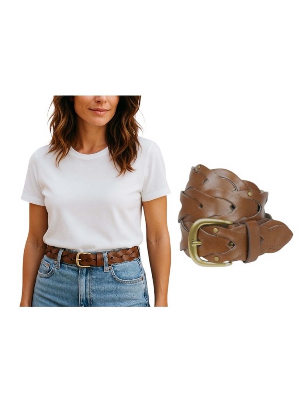 Time and Tru Brown Grainy Faux Leather Stud Link Braid Belt